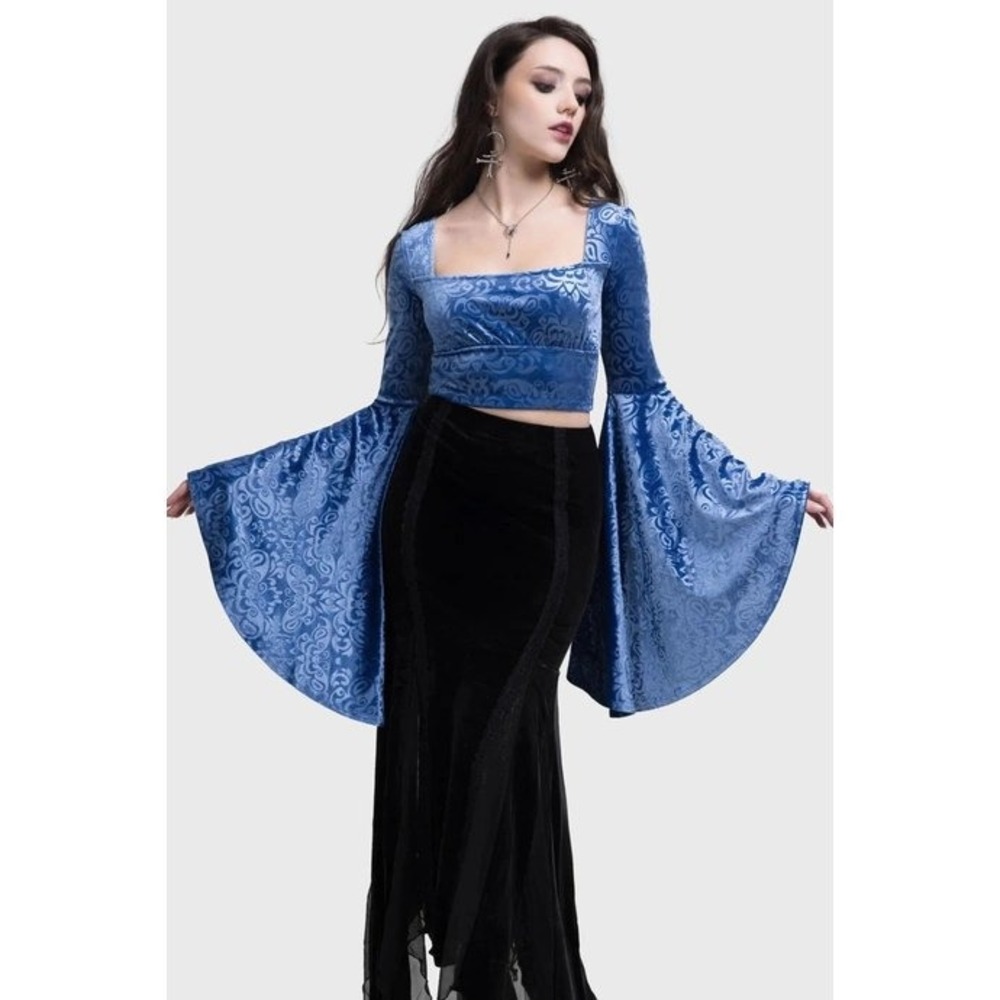 Killstar Whimsy Flutter Top Blue Velvet Damask Bell Sleeve Goth Crop extra large
